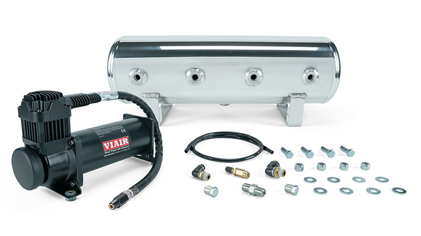 2.5 Gal. Polished Tank W/ Viair 444c Black Compressor, 1/4\" & 3/8\" Fittings & Tank Mounting Hardware
